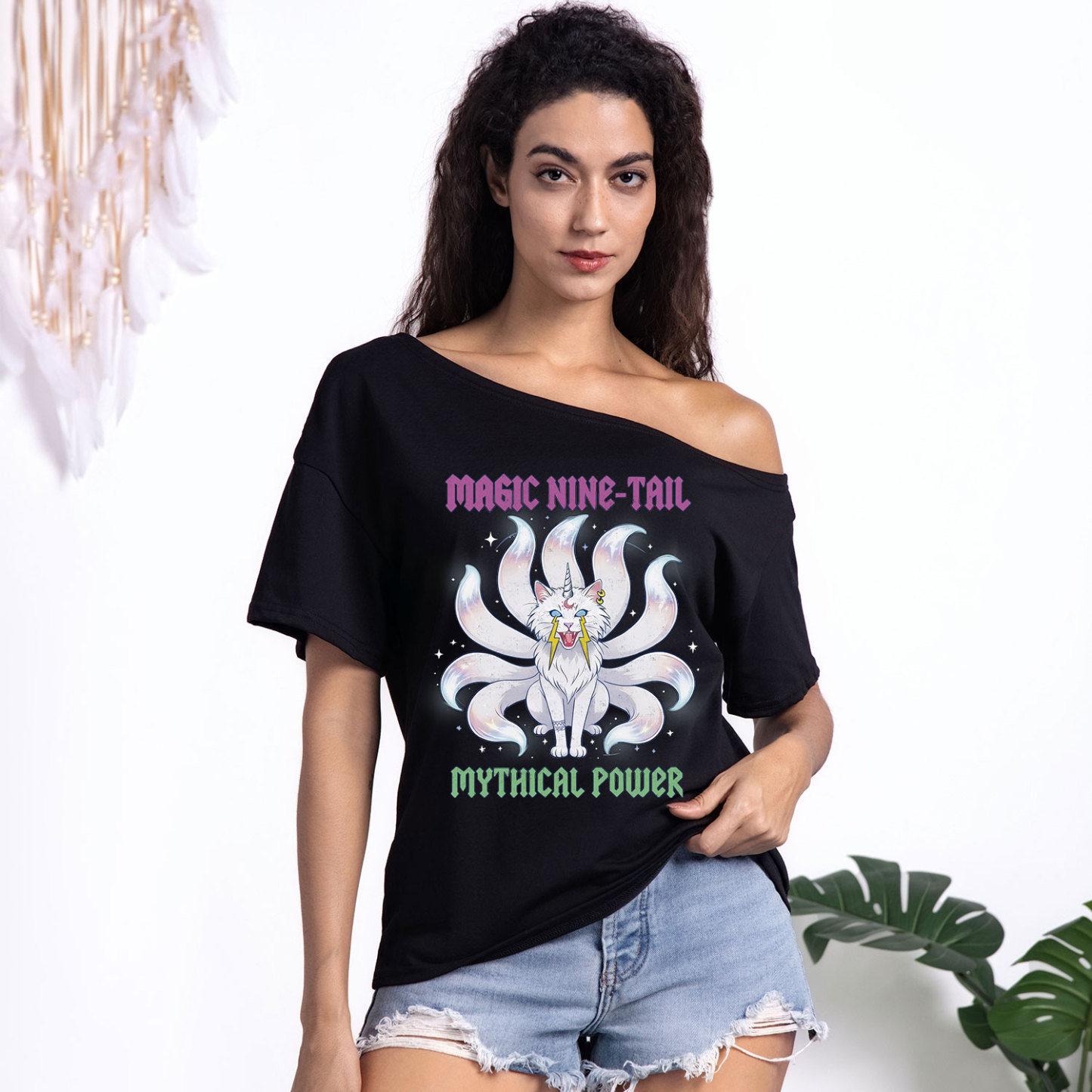 Purplehecate Magic Nine Tail Cat One Shoulder T-Shirt