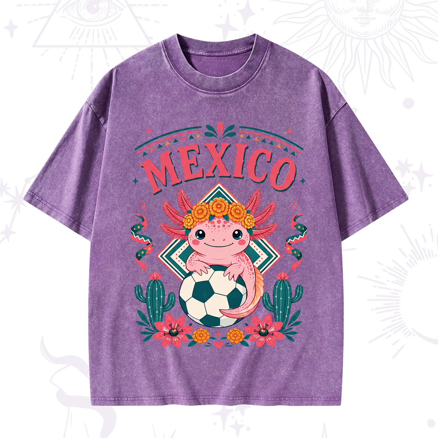 Purplehecate Floral Axolotl Mexico Football Washed T-Shirt