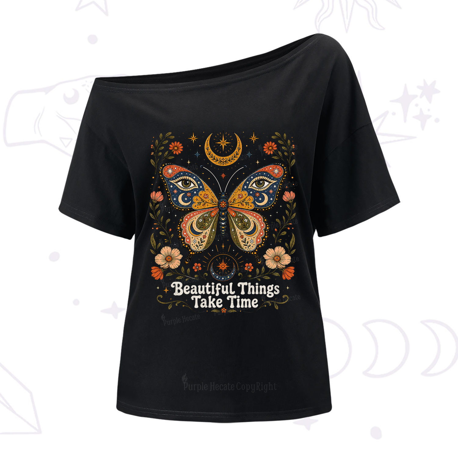 Purplehecate Beautiful Things Take Time Butterfly One Shoulder T-Shirt