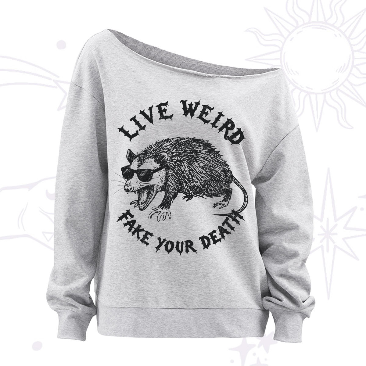 Purplehecate Live Weird Fake Your Death Silly Opossum Off The Shoulder Sweatshirt