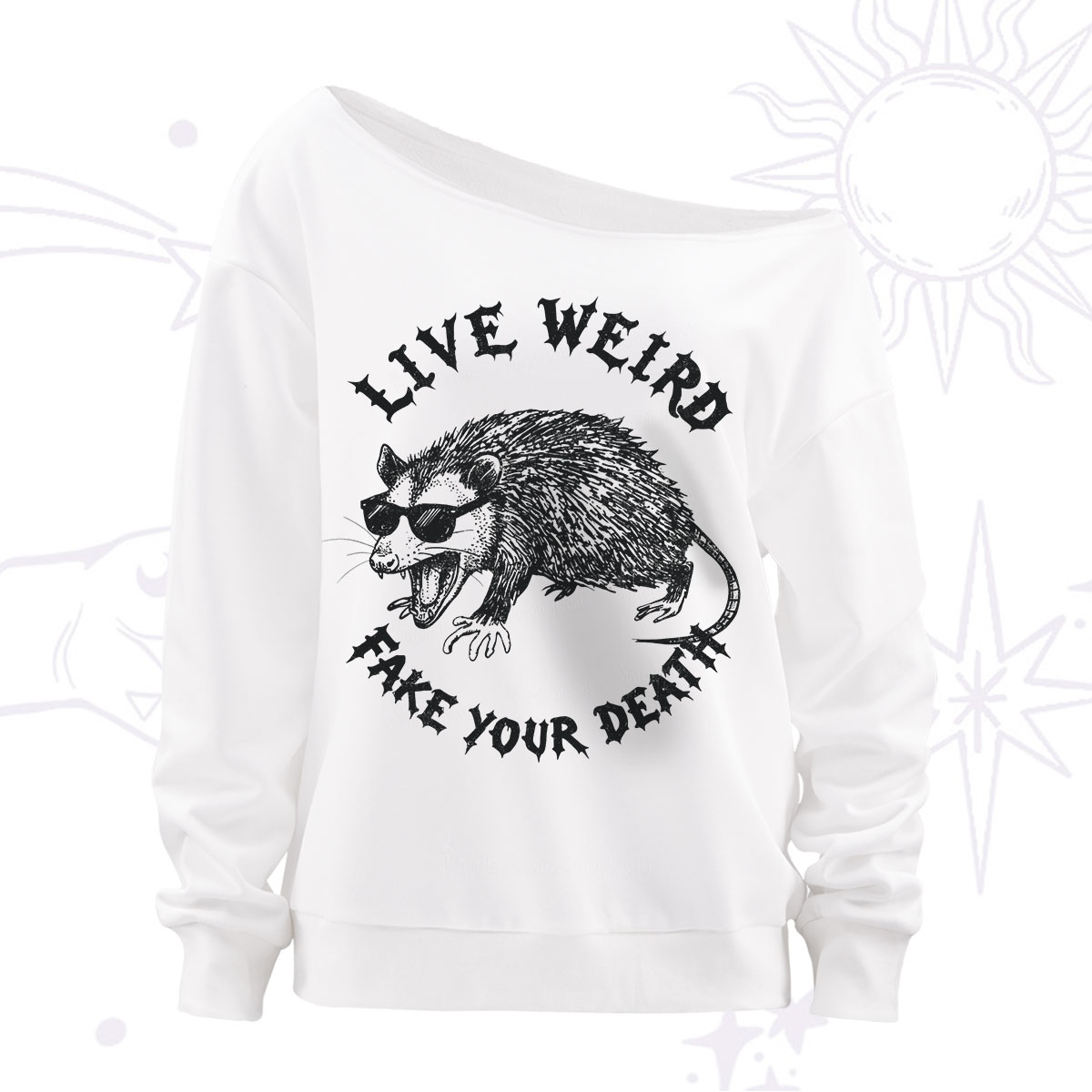 Purplehecate Live Weird Fake Your Death Silly Opossum Off The Shoulder Sweatshirt