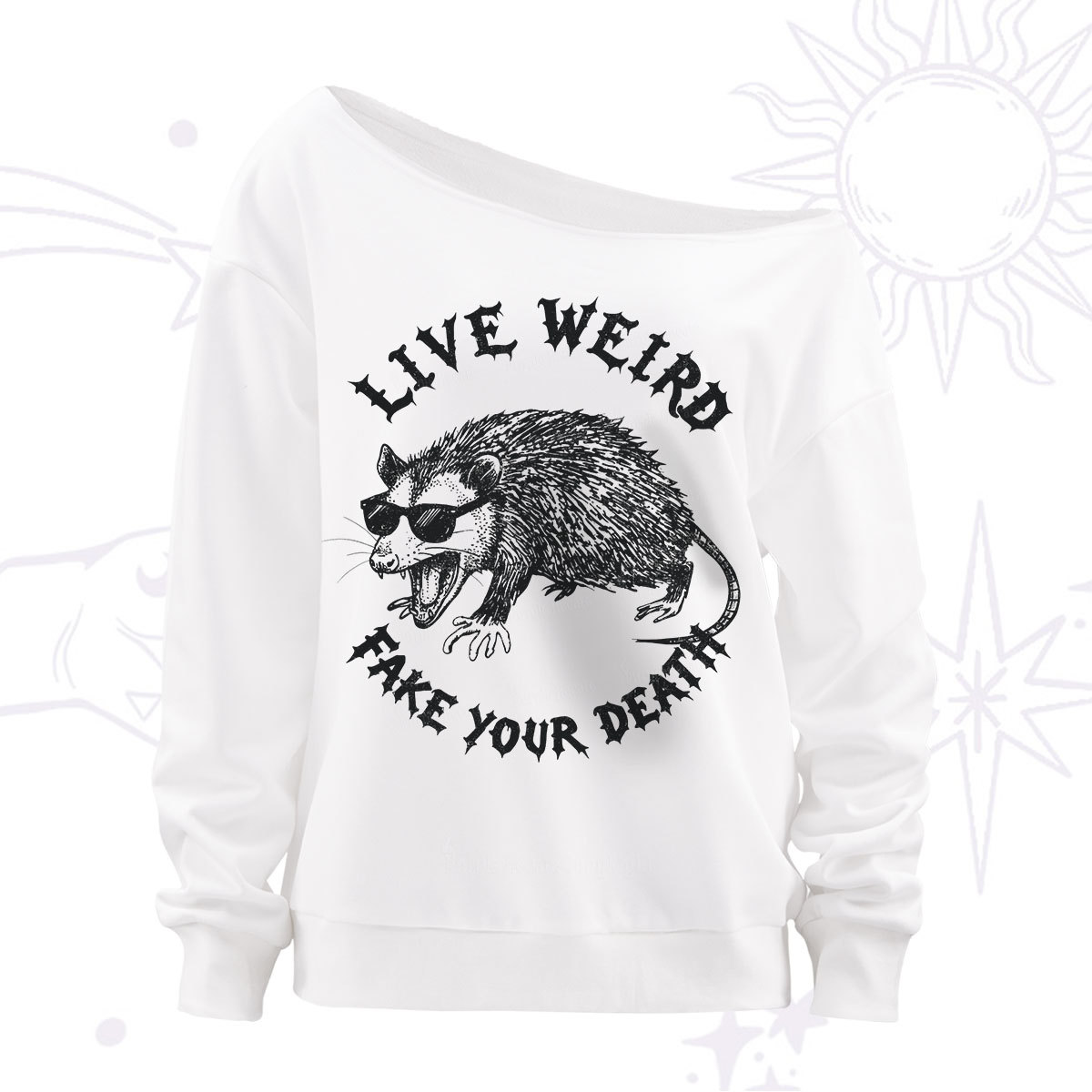 Purplehecate Live Weird Fake Your Death Silly Opossum Off The Shoulder Sweatshirt