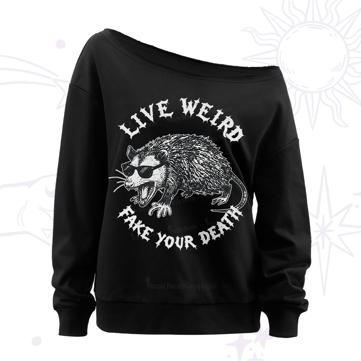 Purplehecate Live Weird Fake Your Death Silly Opossum Off The Shoulder Sweatshirt