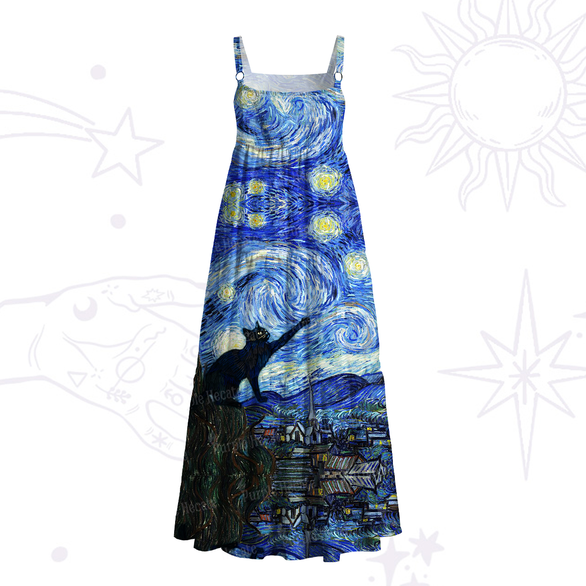 Purplehecate Witch Cat Under the Starry Night Wide Straps Maxi Dress