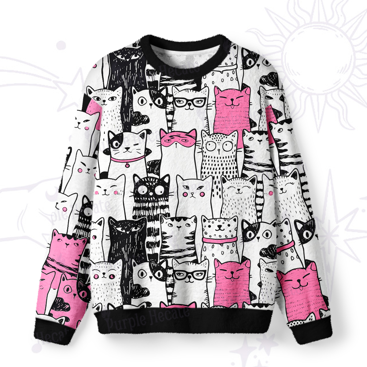 Purplehecate Cute Cat All Over Print Fuzzy Ugly Sweatshirt