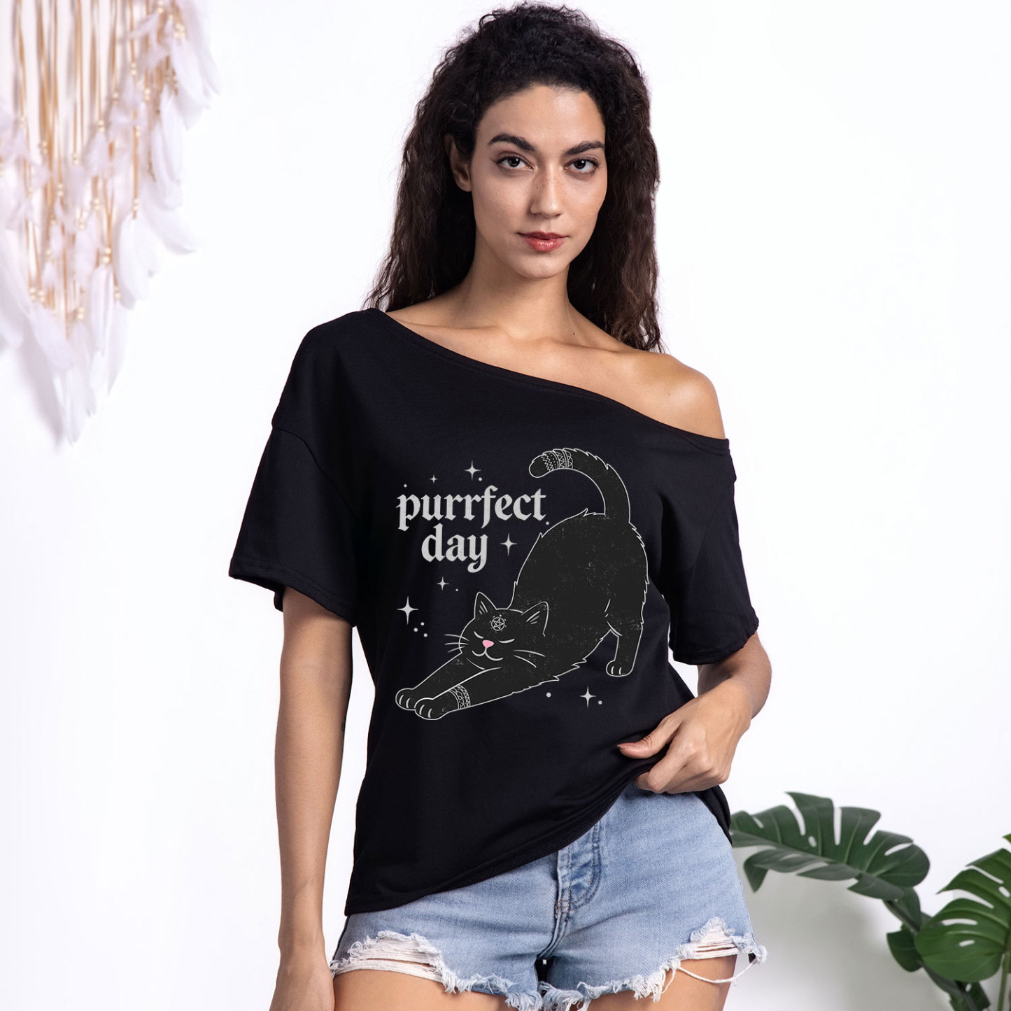 Purplehecate Purrfect Day Black Cat One Shoulder T-Shirt