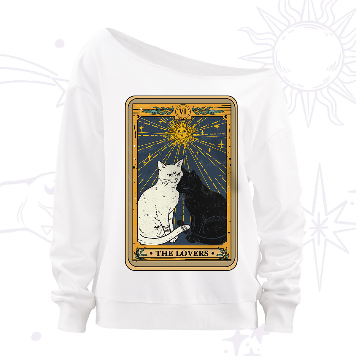 Purplehecate The Lovers Cat Tarot Card Off The Shoulder Sweatshirt