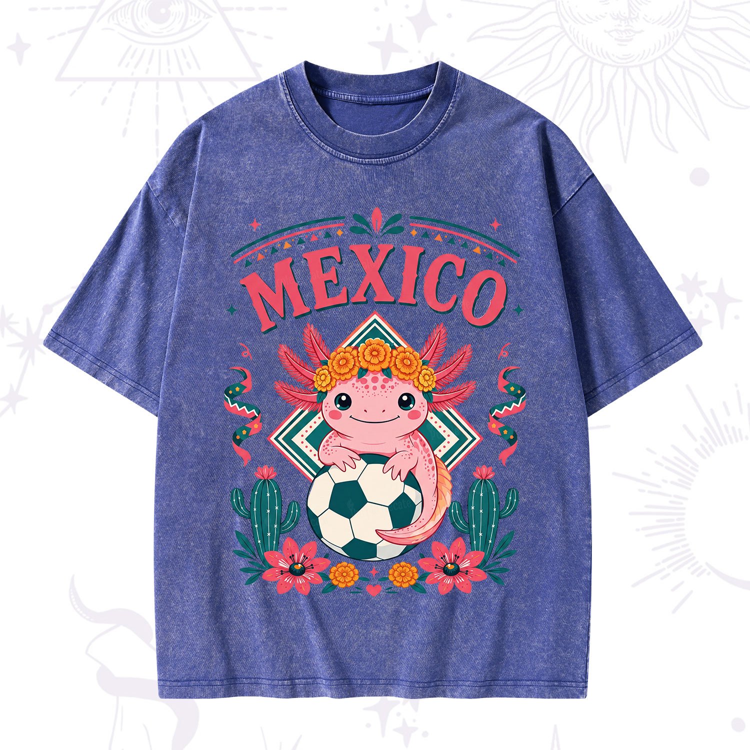 Purplehecate Floral Axolotl Mexico Football Washed T-Shirt