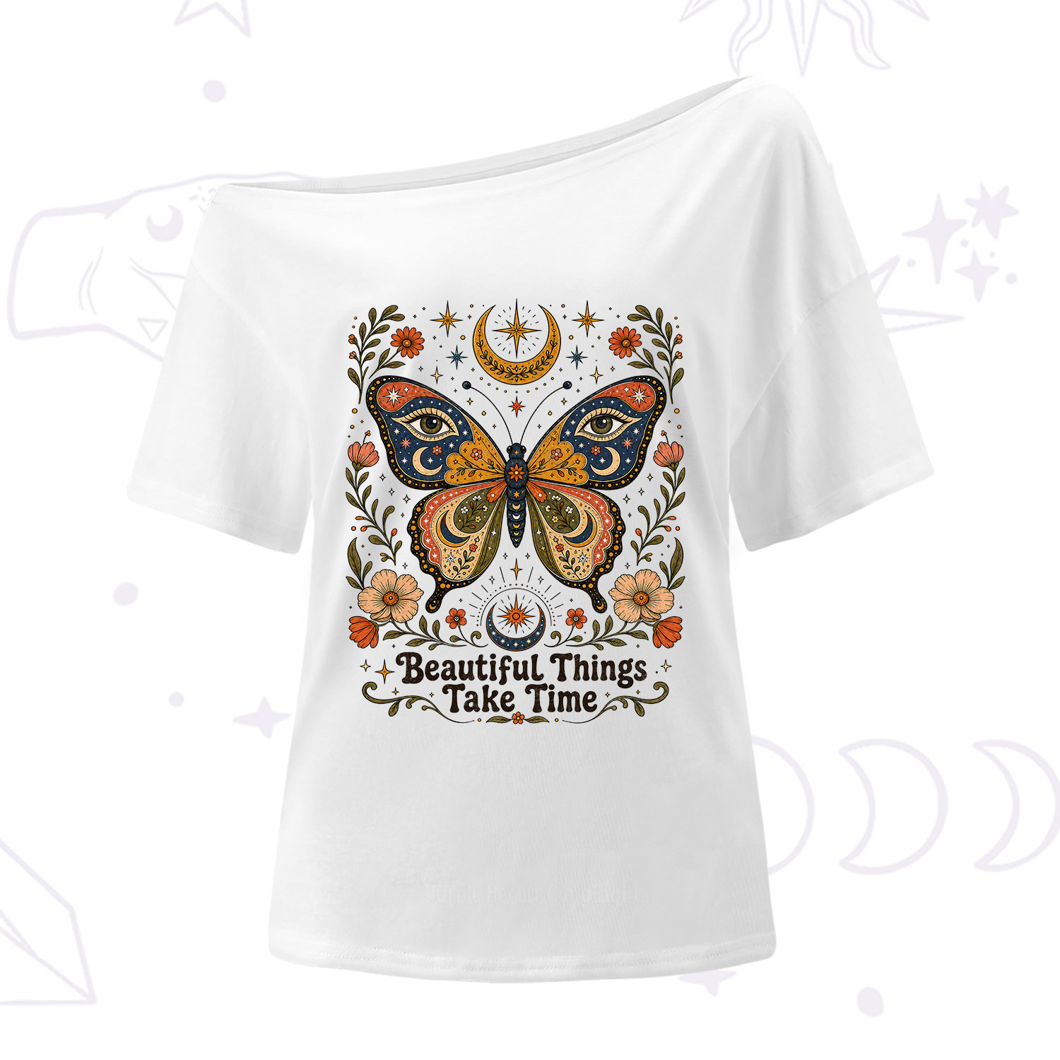 Purplehecate Beautiful Things Take Time Butterfly One Shoulder T-Shirt