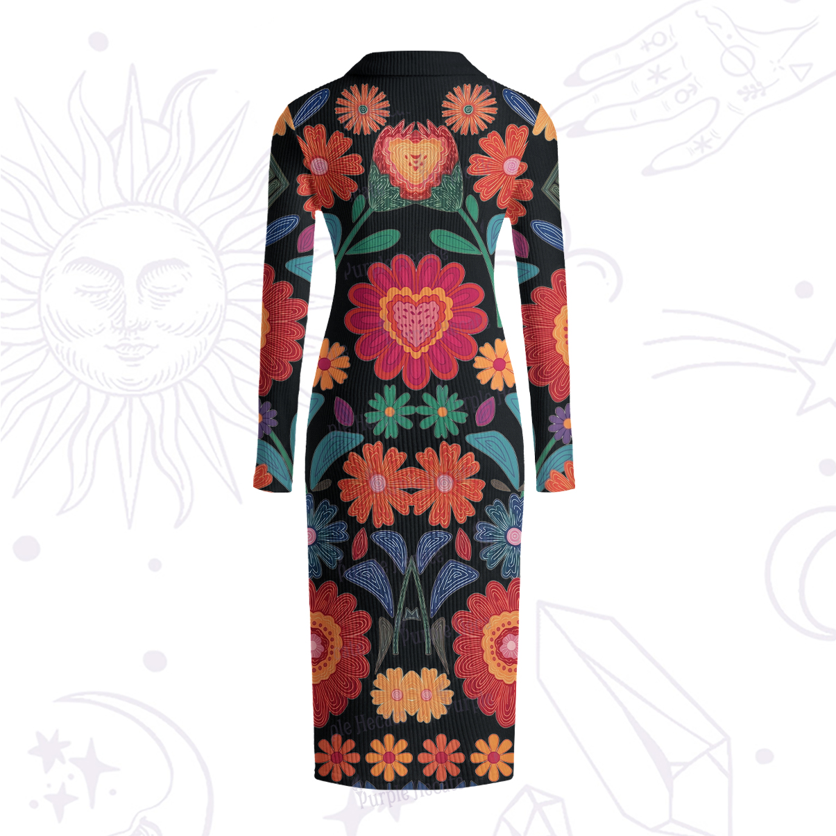 Purplehecate Retro Bloom Folk Floral Ribbed Knit Dress