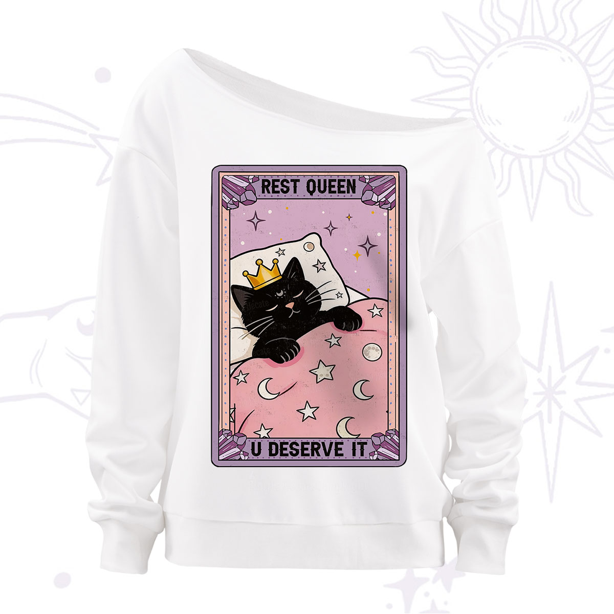Purplehecate The Rest Queen Cat Tarot Off The Shoulder Sweatshirt
