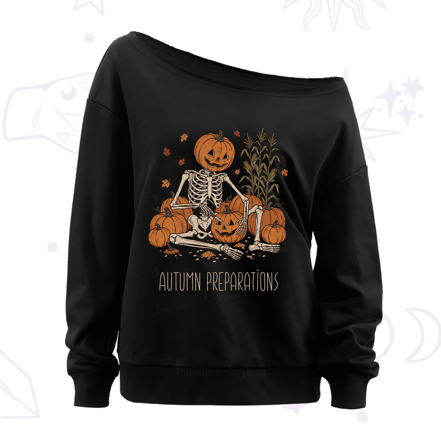 Purplehecate Autumn Preparations Pumpkin Skeleton Off The Shoulder Sweatshirt