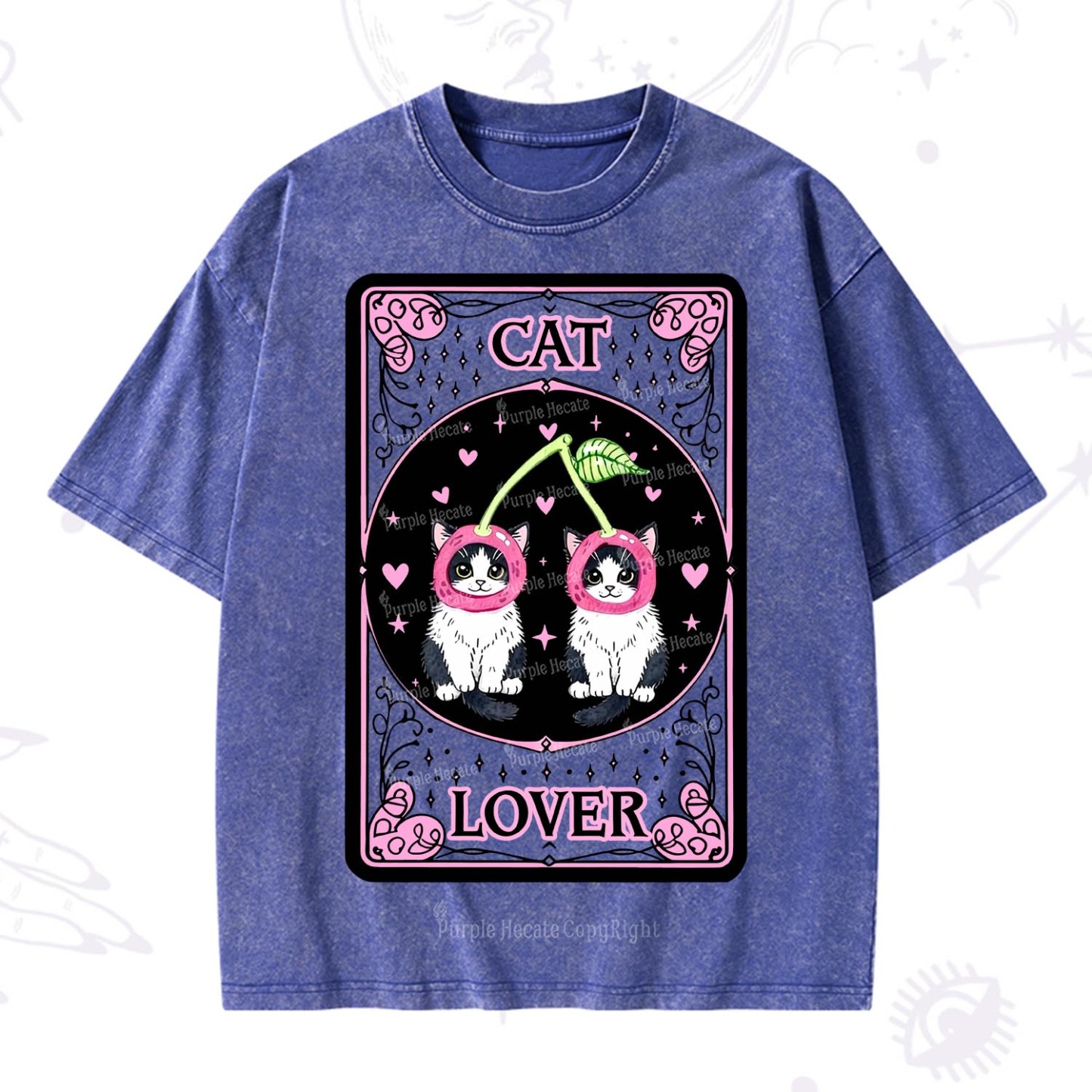 Purplehecate The Lovers Cherry Cat Tarot Washed T-Shirt