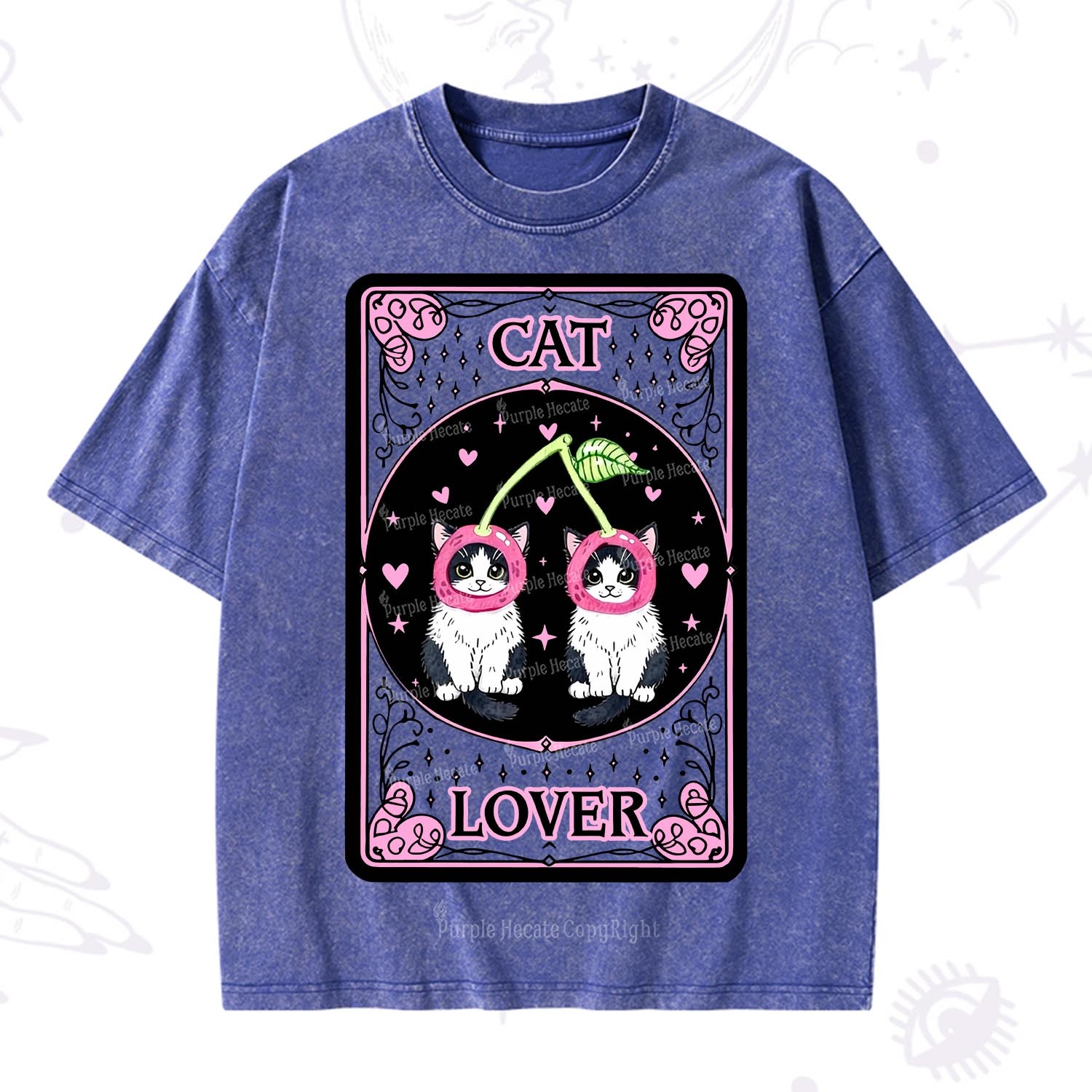 Purplehecate The Lovers Cherry Cat Tarot Washed T-Shirt