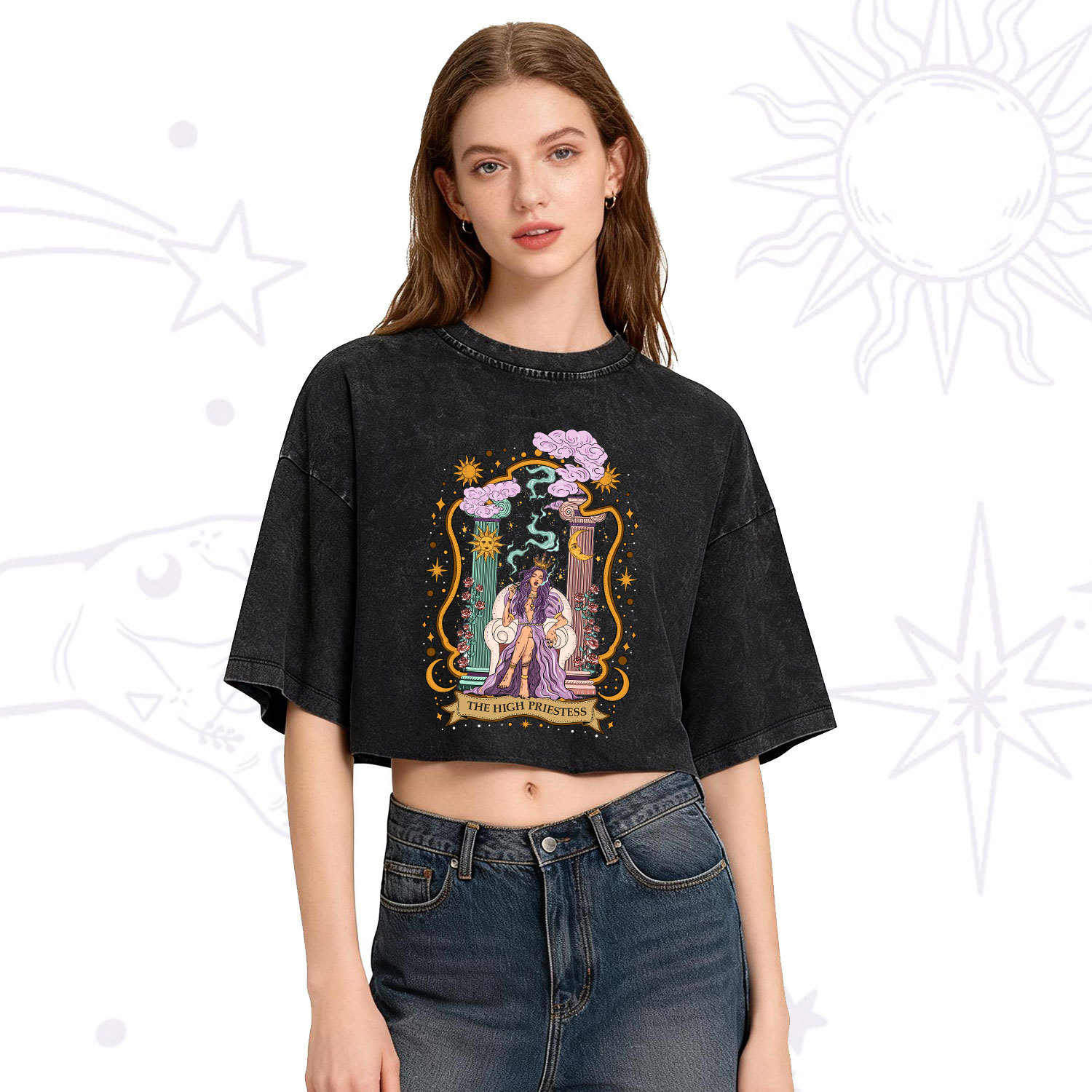 Purplehecate The High Priestess Goddess Washed Cropped T-Shirt