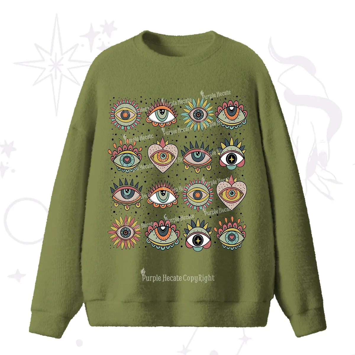 Purplehecate Mystical Evil Eye Pattern Fuzzy Ugly Sweater