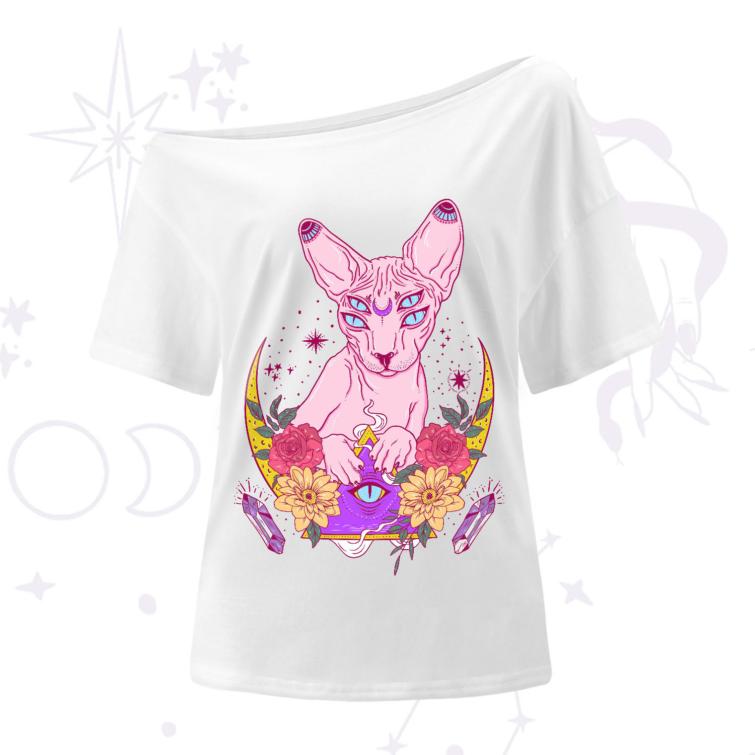 Purplehecate Moon Phase Cat One-Shoulder T-Shirt