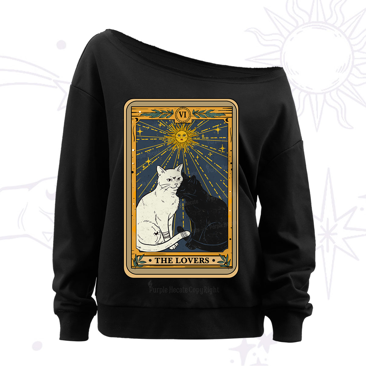 Purplehecate The Lovers Cat Tarot Card Off The Shoulder Sweatshirt
