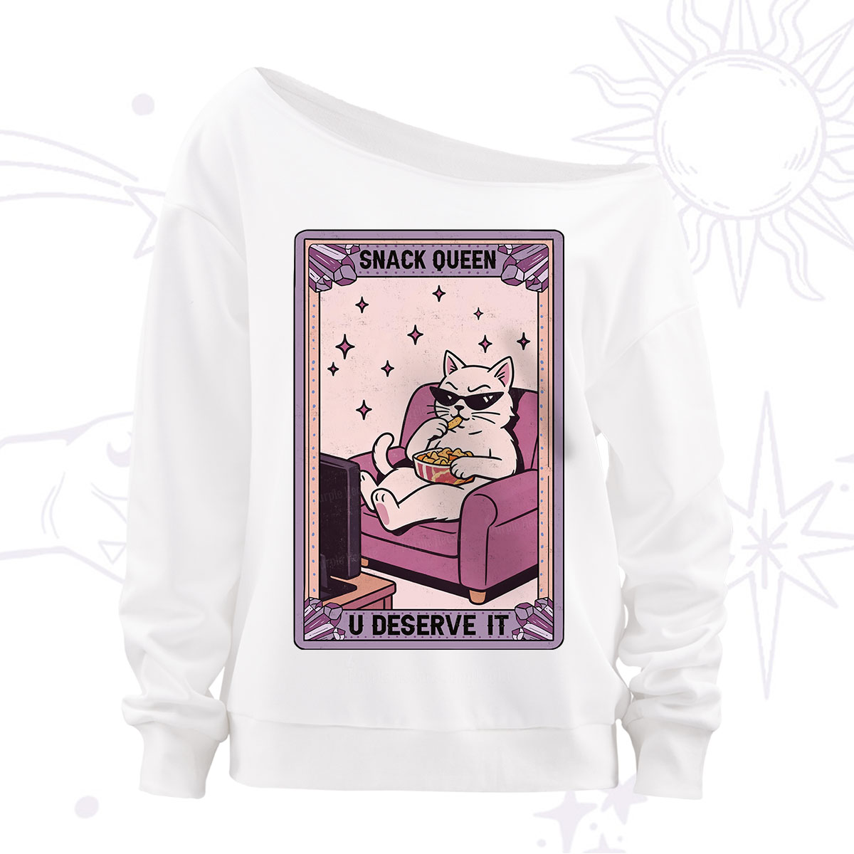 Purplehecate The Snack Queen Cat Tarot Off The Shoulder Sweatshirt