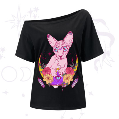 Purplehecate Moon Phase Cat One-Shoulder T-Shirt