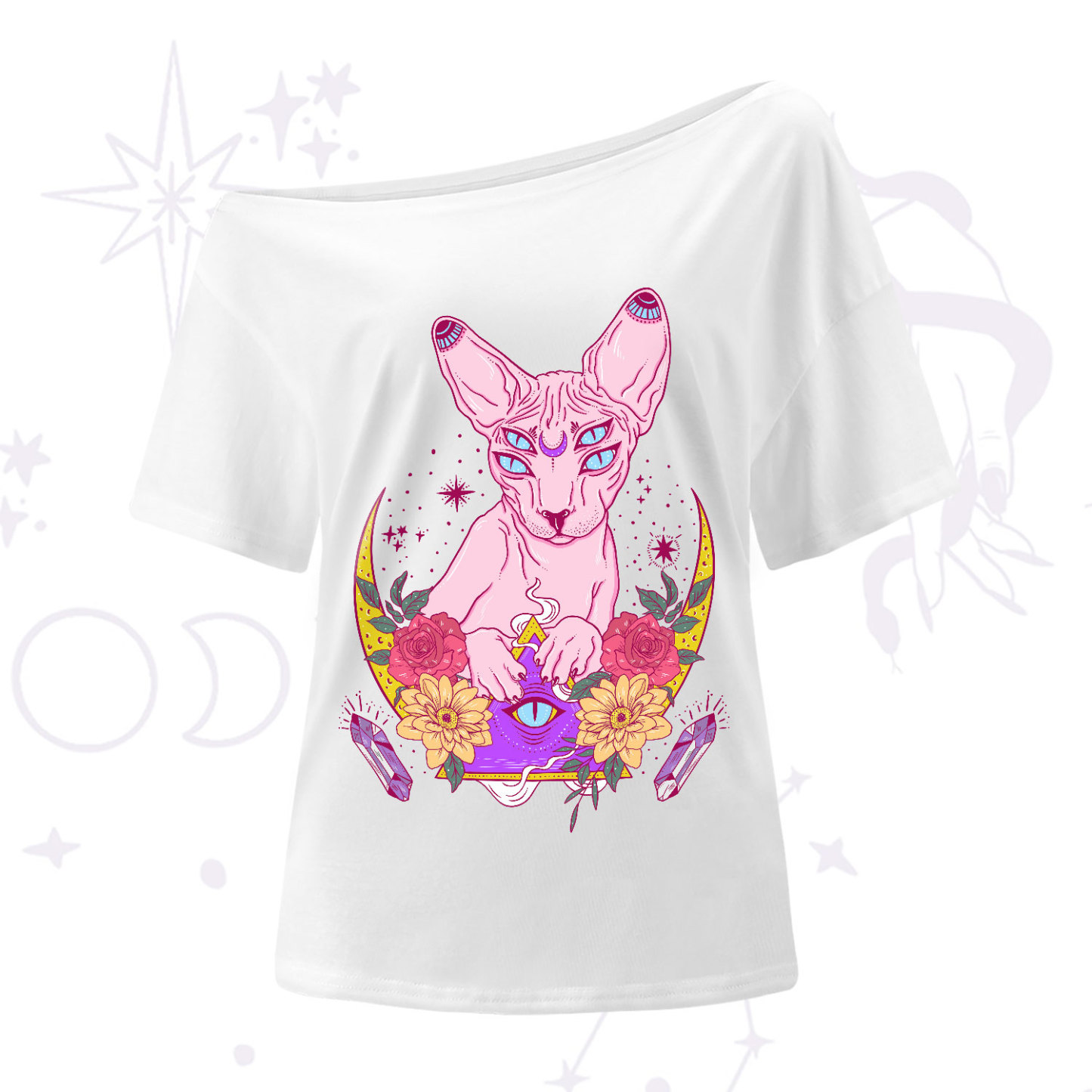 Purplehecate Moon Phase Cat One-Shoulder T-Shirt