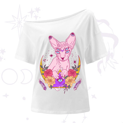 Purplehecate Moon Phase Cat One-Shoulder T-Shirt