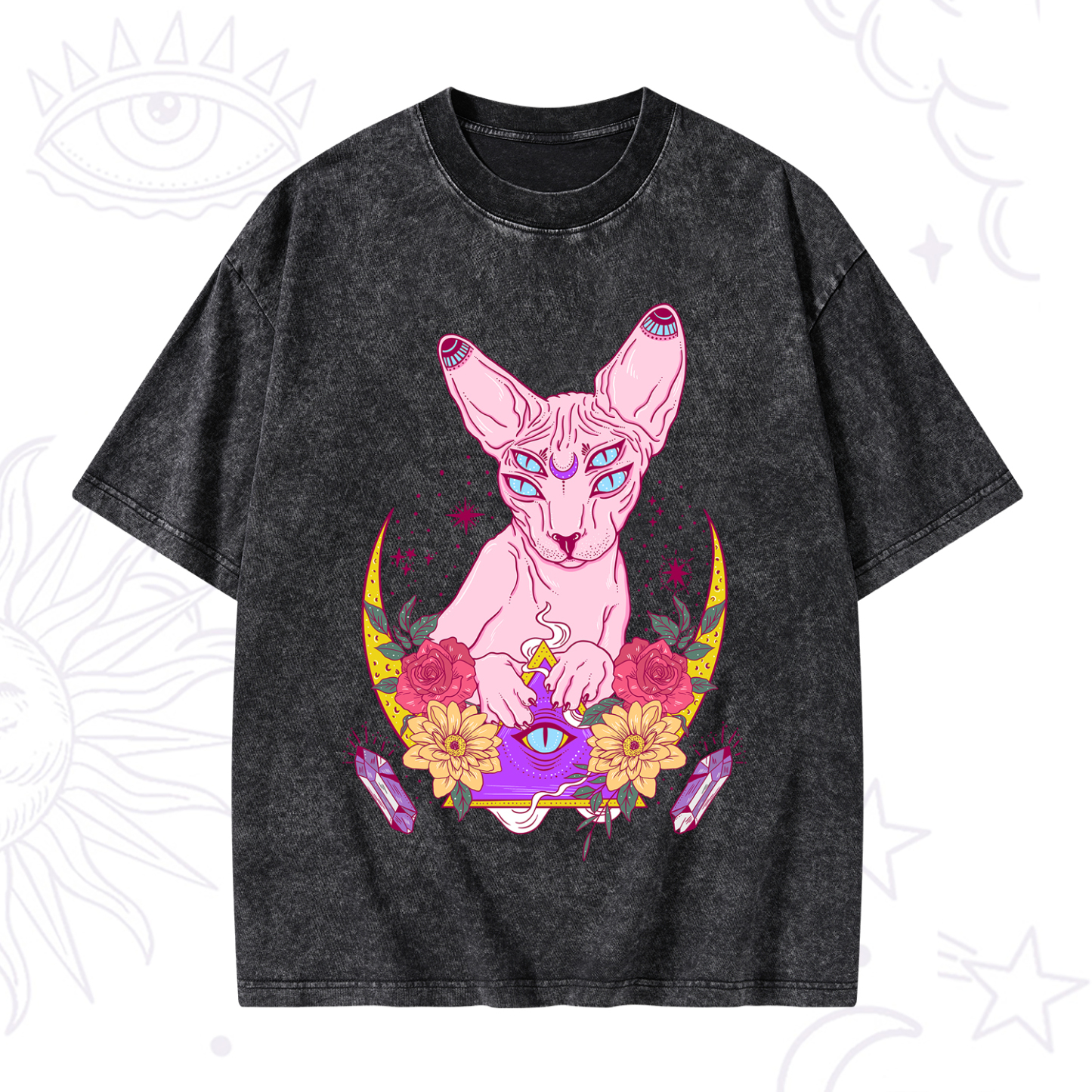 Magic Purplehecate Moon Phase Cat Washed T-Shirt