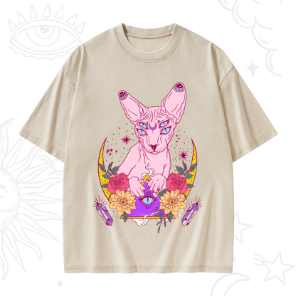 Purplehecate Moon Phase Cat Washed T-Shirt