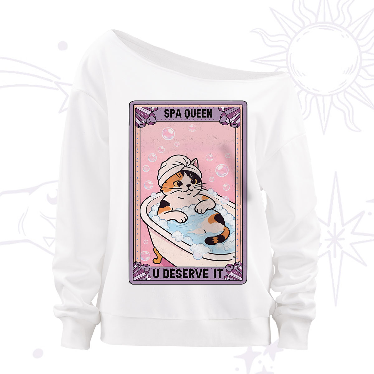 Purplehecate The Spa Queen Cat Tarot Off The Shoulder Sweatshirt
