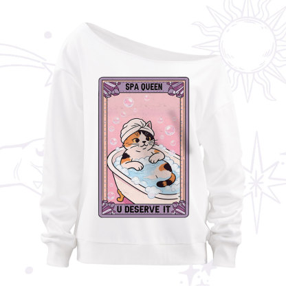 Purplehecate The Spa Queen Cat Tarot Off The Shoulder Sweatshirt