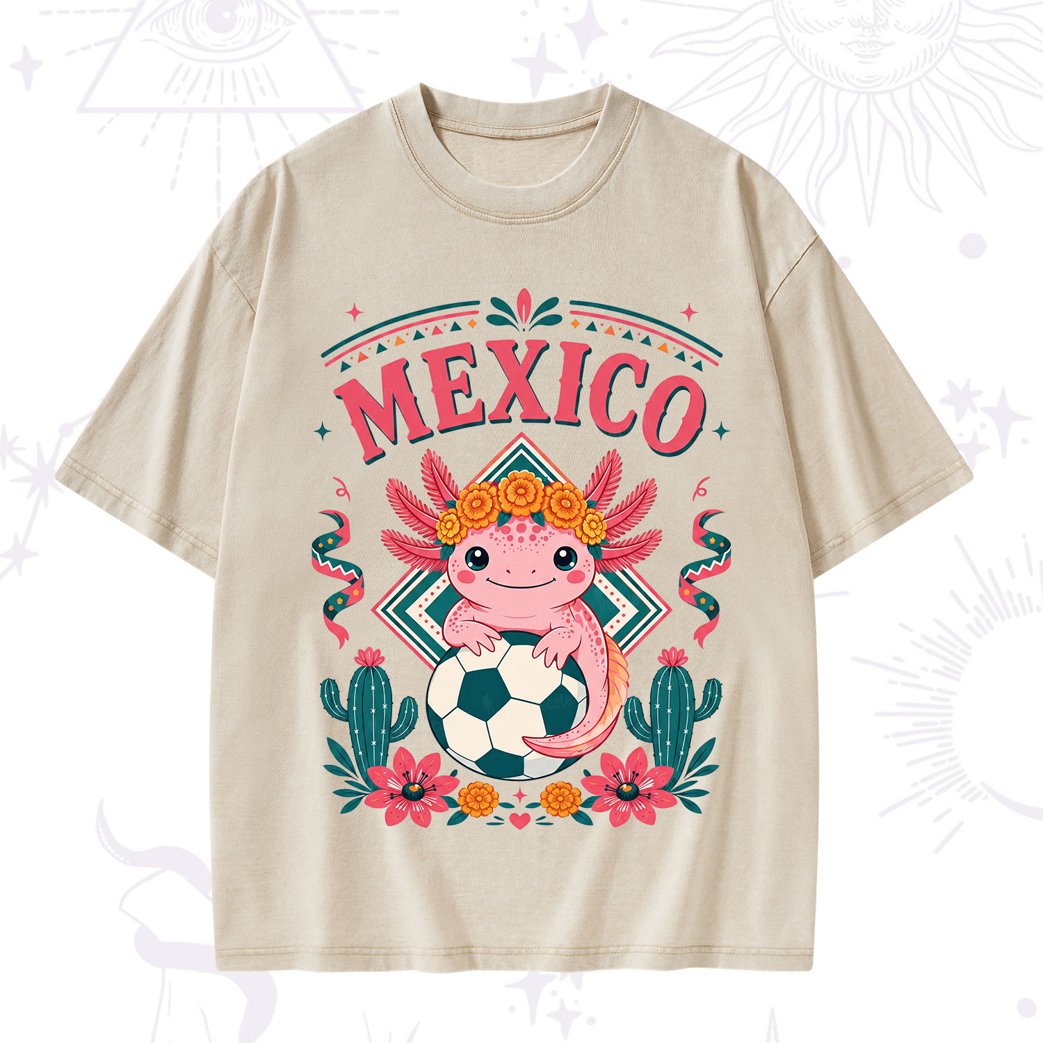 Purplehecate Floral Axolotl Mexico Football Washed T-Shirt