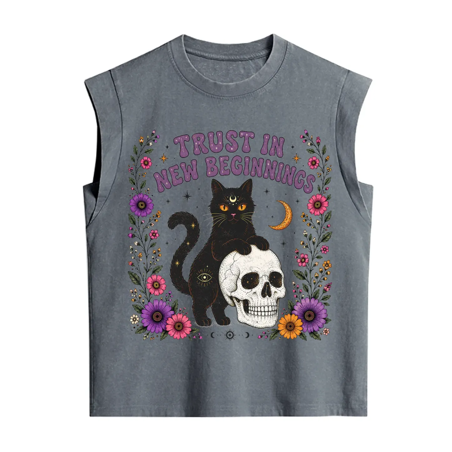 Purplehecate Trust in New Beginnings Black Cat Vintage Washed Tank