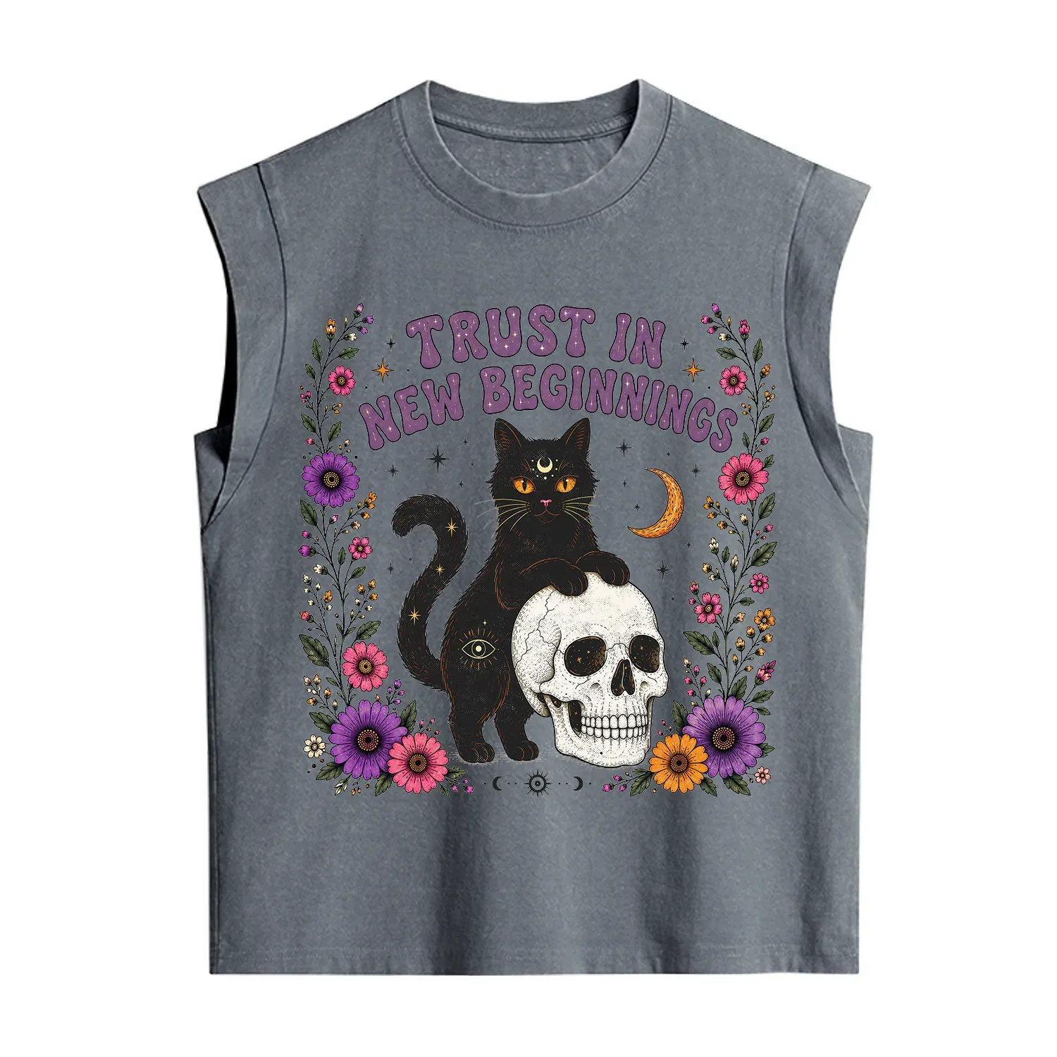Purplehecate Trust in New Beginnings Black Cat Vintage Washed Tank