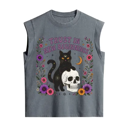 Purplehecate Trust in New Beginnings Black Cat Vintage Washed Tank
