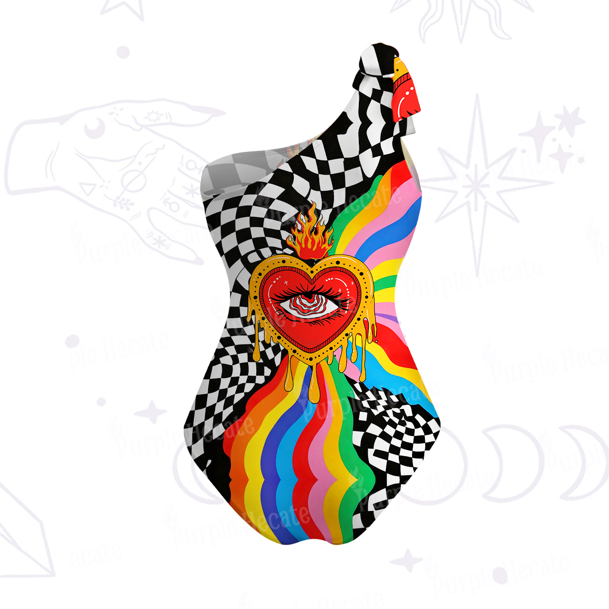 Purplehecate Trippy Rainbow Heart Eye One-Shoulder One-Piece Swimsuit