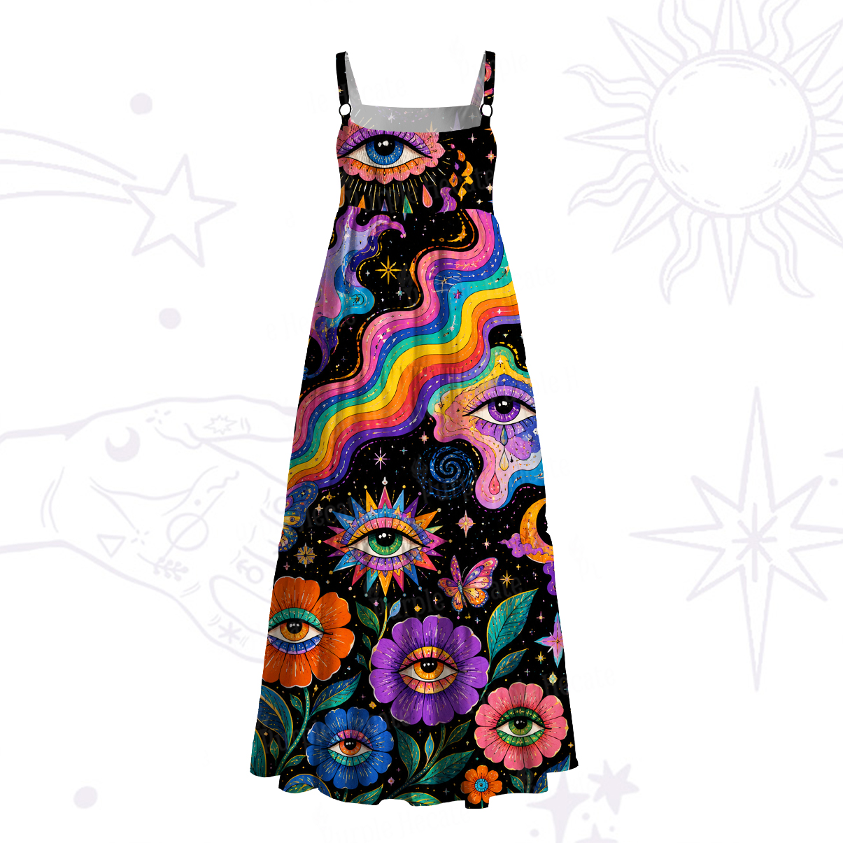 Purplehecate Groovy Hippie Flower Eyes Wide Straps Maxi Dress