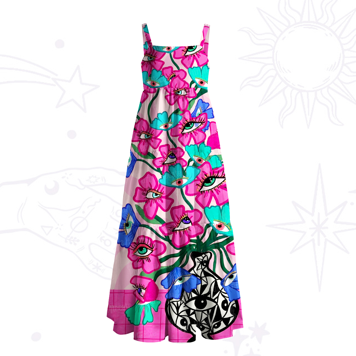 Purplehecate Trippy All‑Seeing Flowers Wide Straps Maxi Dress
