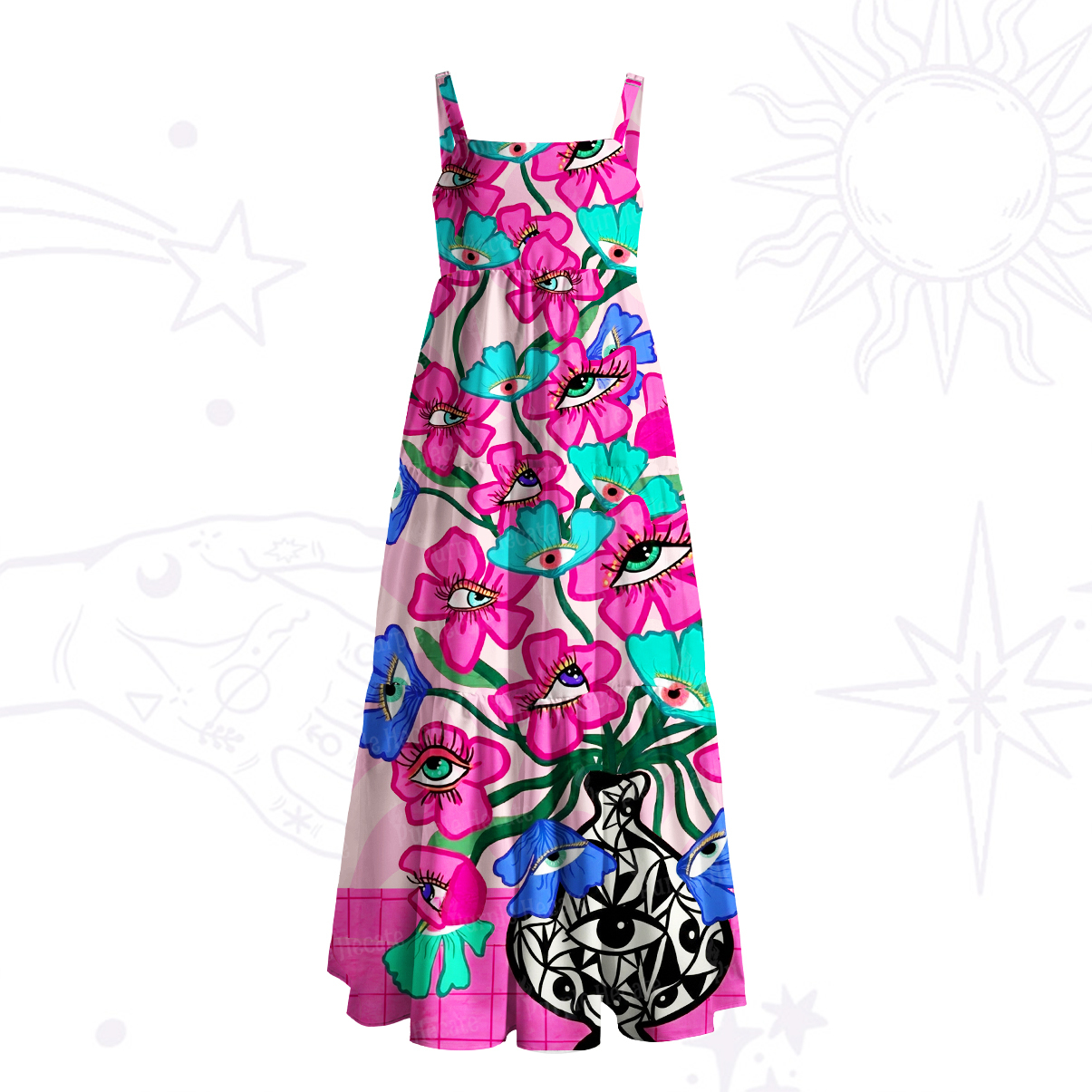 Purplehecate Trippy All‑Seeing Flowers Wide Straps Maxi Dress
