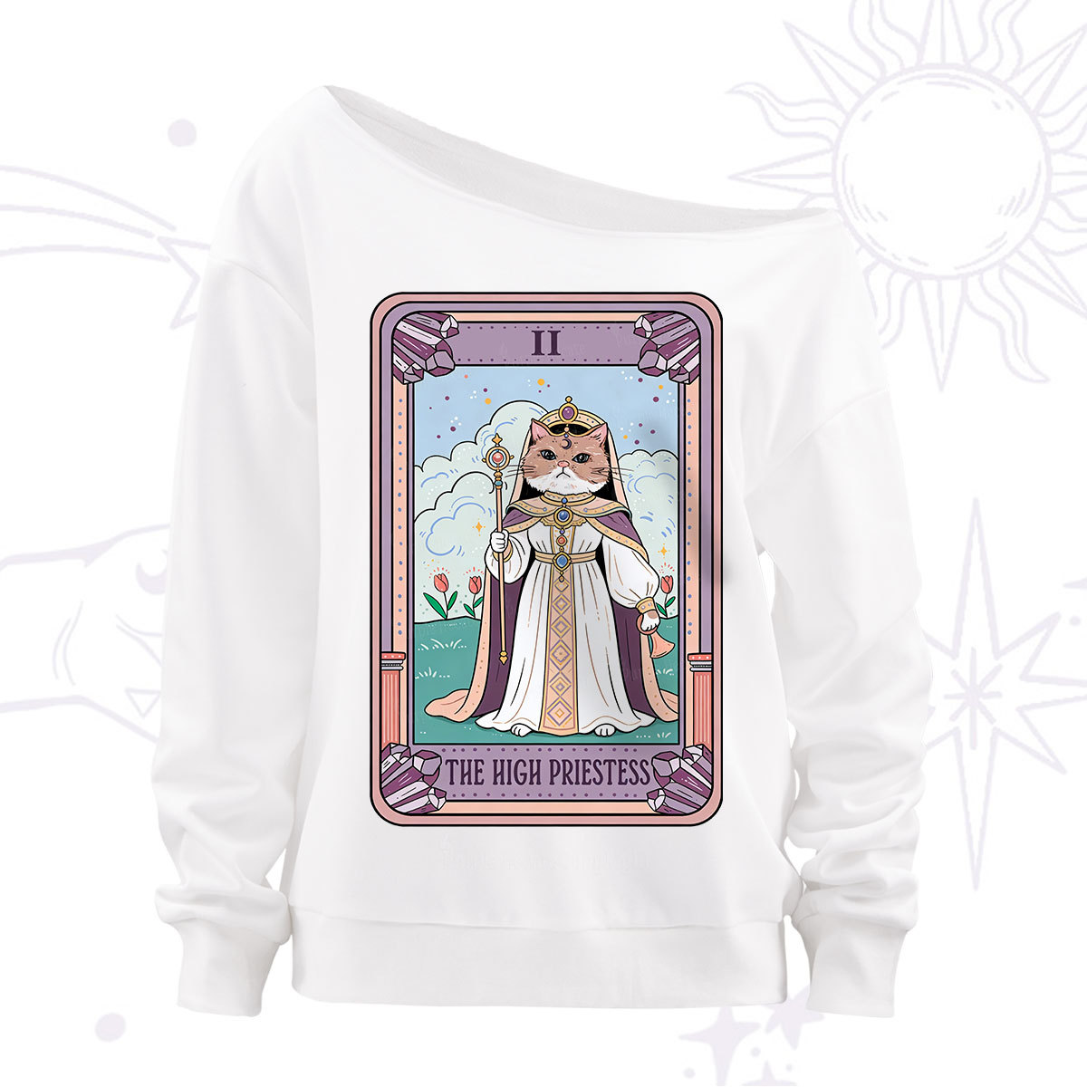 Purplehecate The High Priestess Cat Tarot Off The Shoulder Sweatshirt