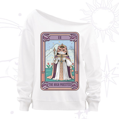 Purplehecate The High Priestess Cat Tarot Off The Shoulder Sweatshirt