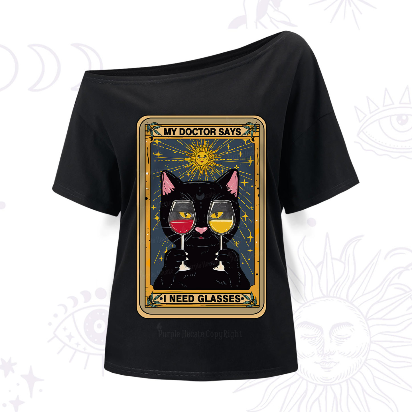 Purplehecate Funny Black Cat My Doctor Says I Need Glasses Tarot One Shoulder T-Shir