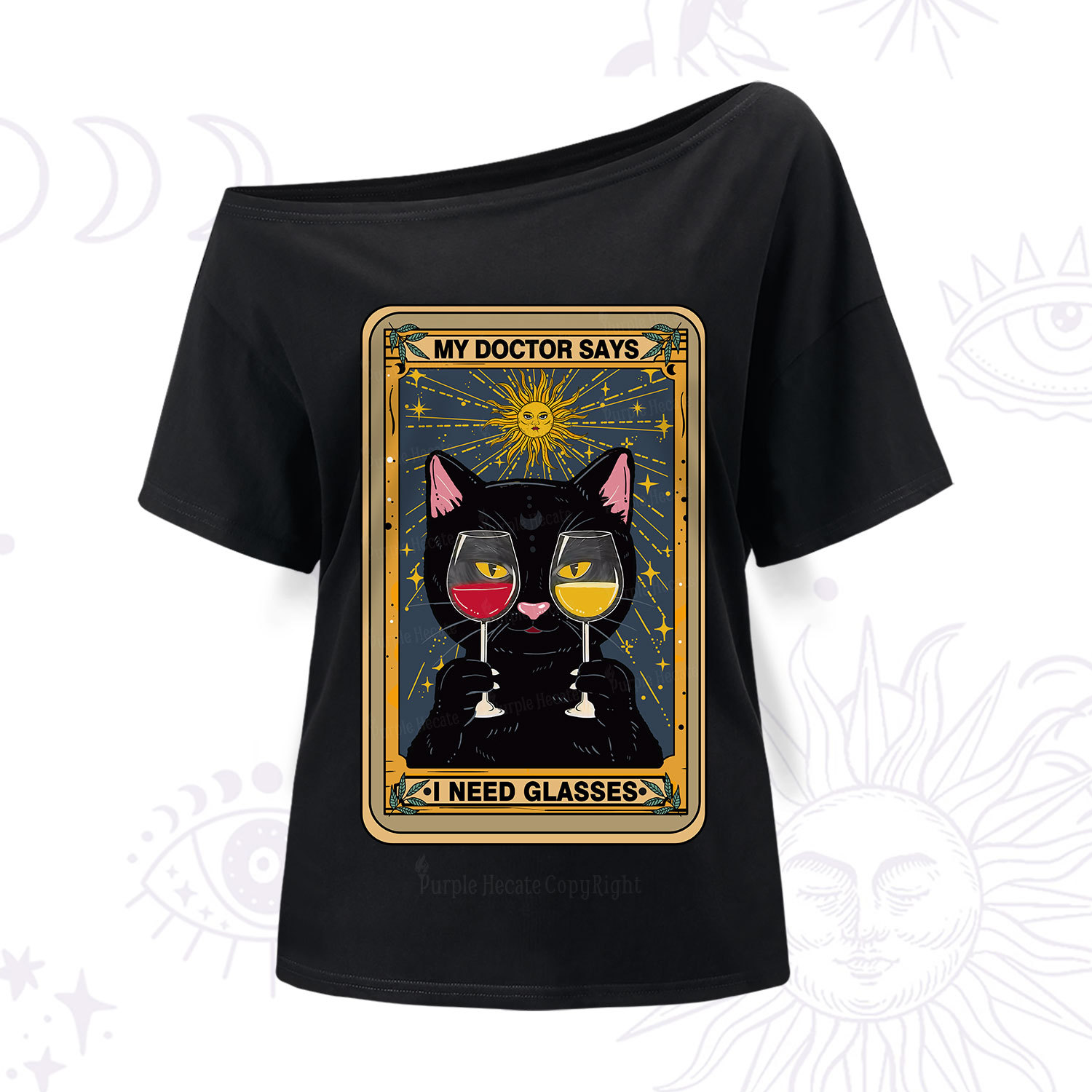 Purplehecate Funny Black Cat My Doctor Says I Need Glasses Tarot One Shoulder T-Shir