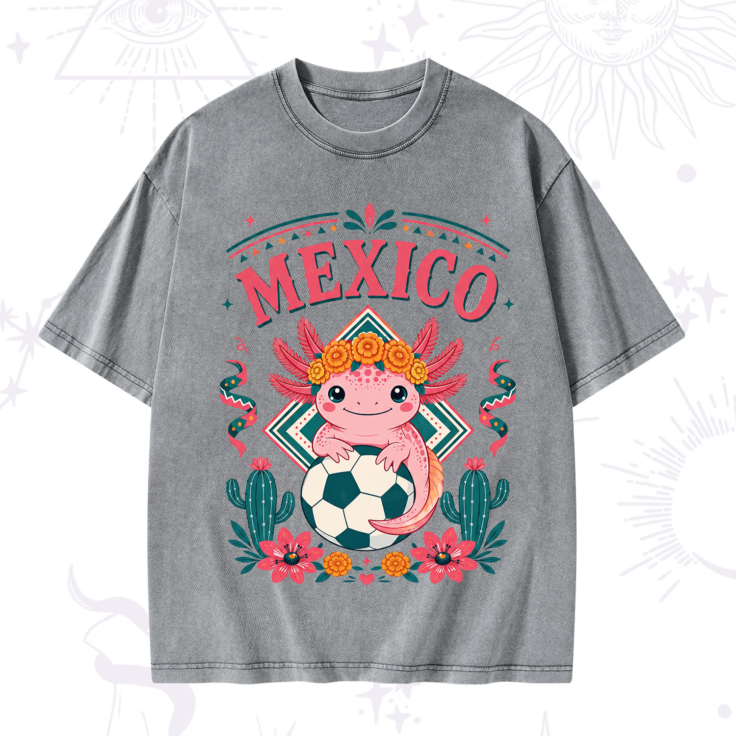 Purplehecate Floral Axolotl Mexico Football Washed T-Shirt