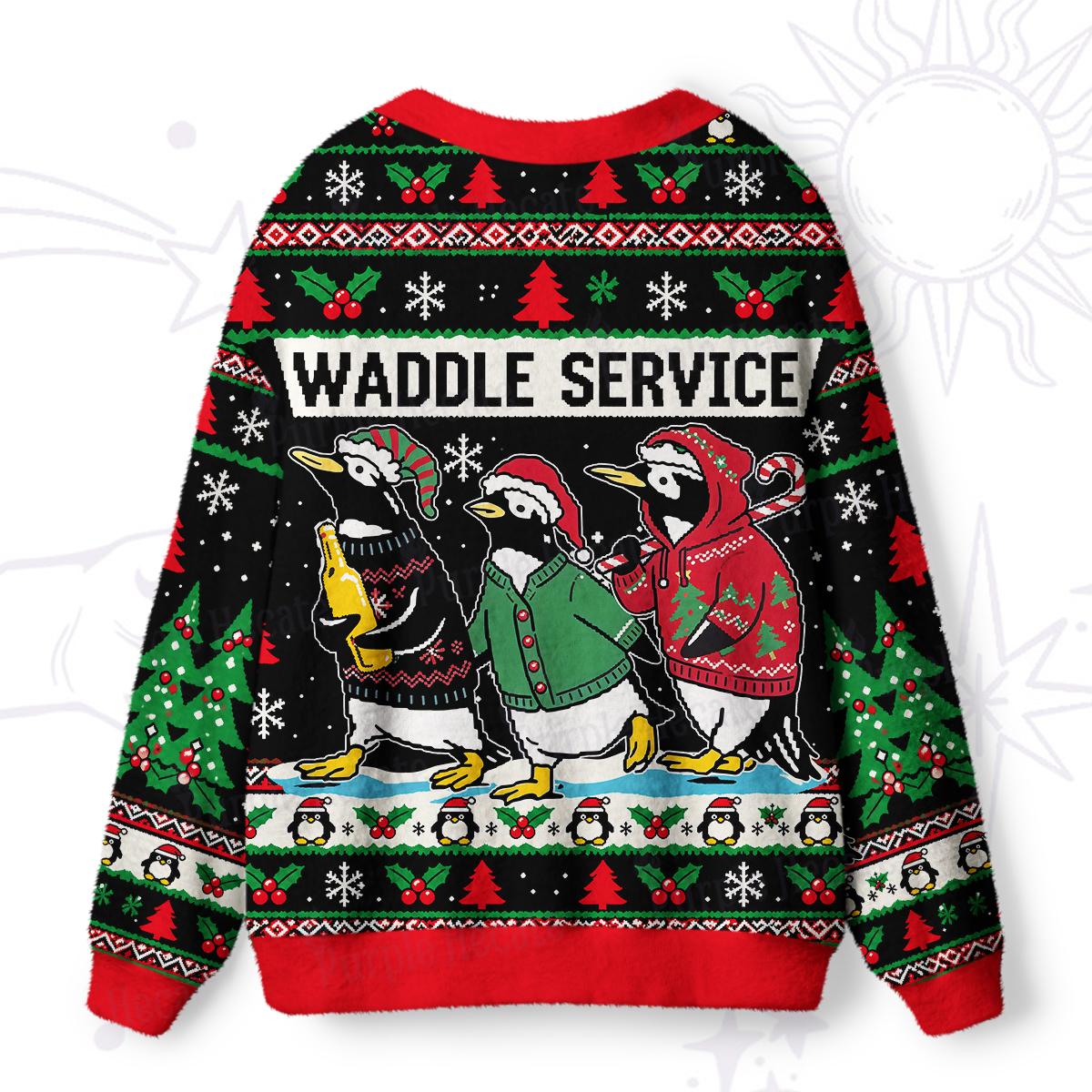 Purplehecate Tipsy Penguin Waddle Service Christmas Ugly Cardigan Sweaters
