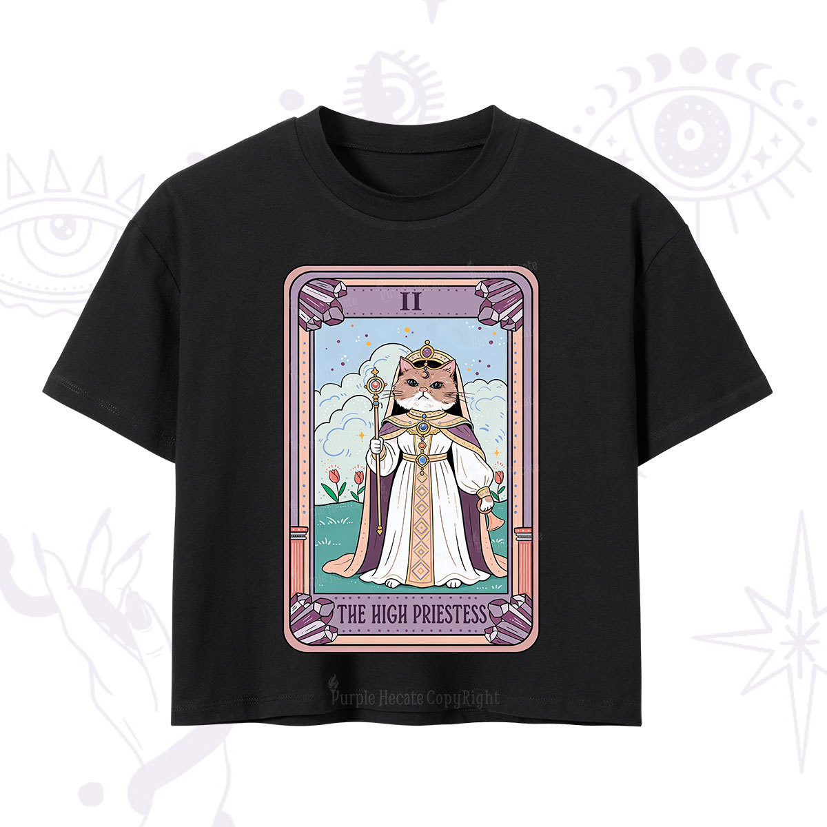 Purplehecate The High Priestess Cat Tarot Crop T-Shirt