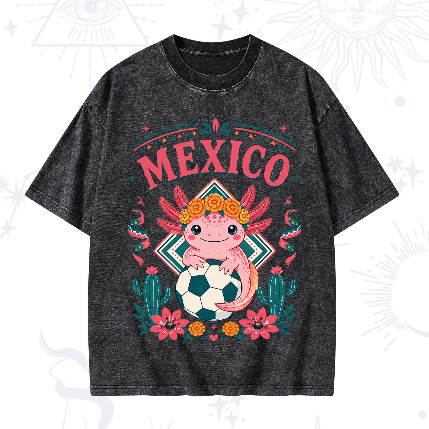 Purplehecate Floral Axolotl Mexico Football Washed T-Shirt