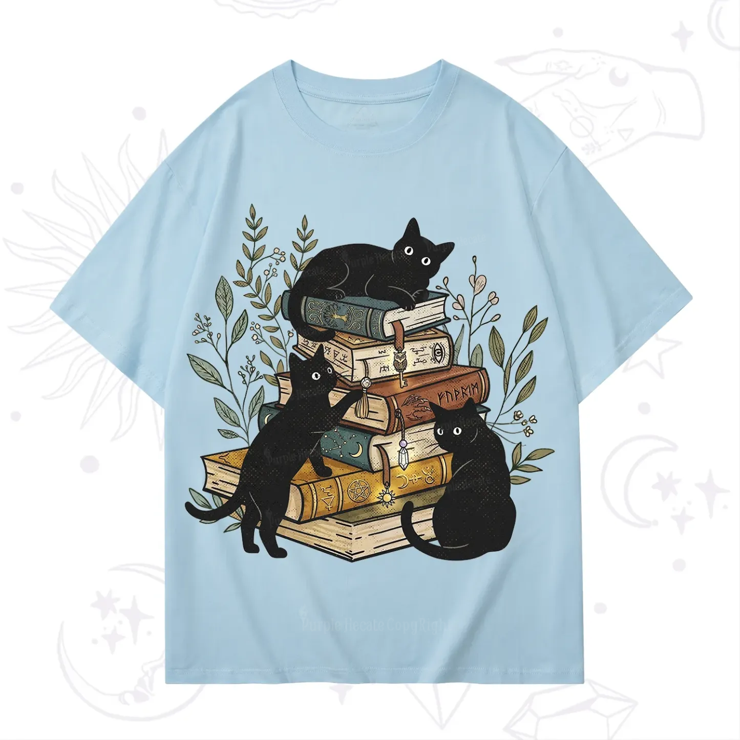 Purplehecate Enchanted Library Three Black Cats T-Shirt