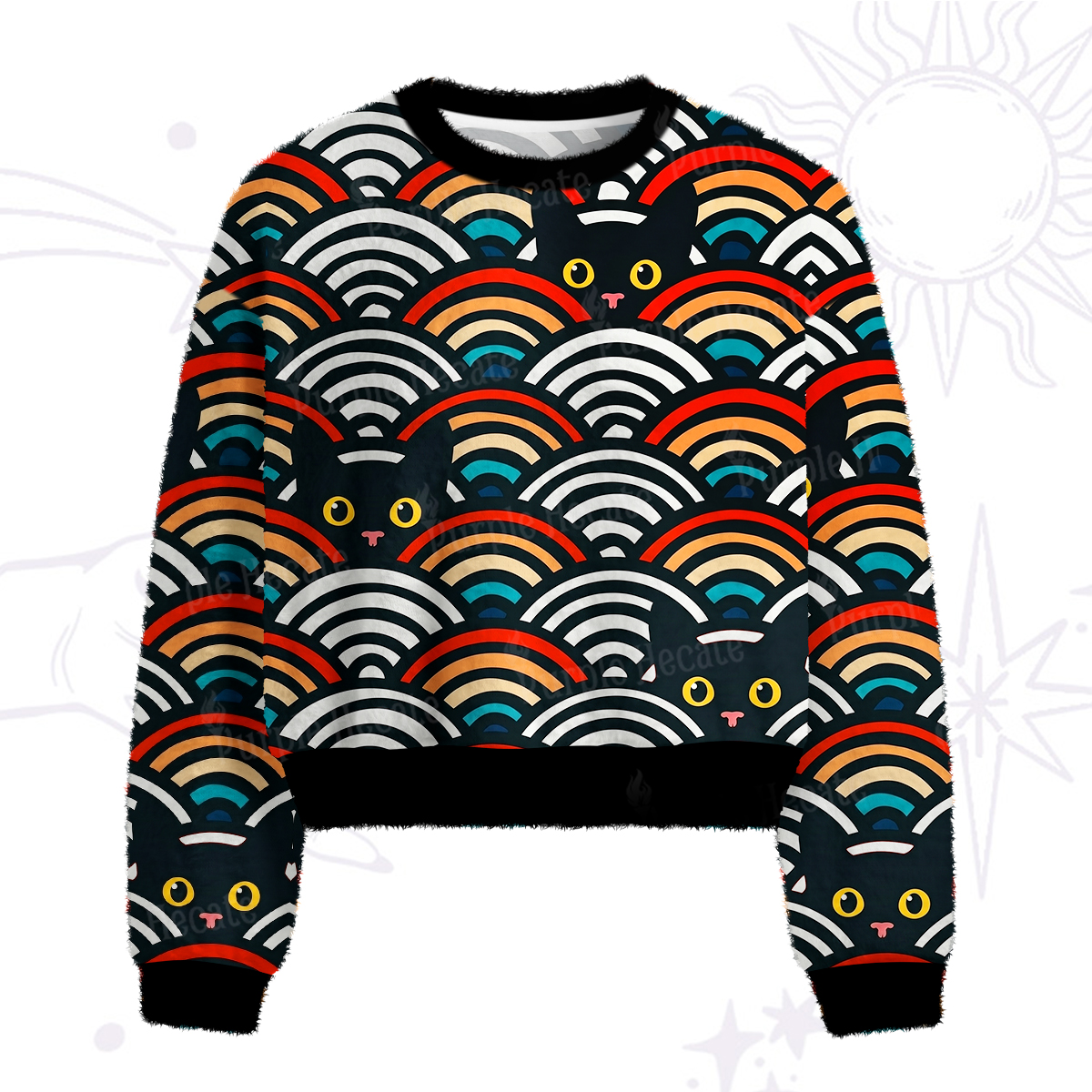 Purplehecate Rainbow Black Cat Waves Fuzzy Crewneck Sweater