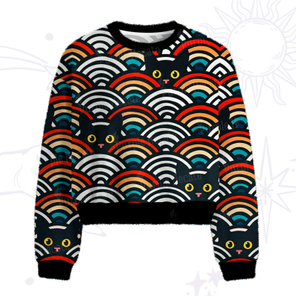 Purplehecate Rainbow Black Cat Waves Fuzzy Crewneck Sweater