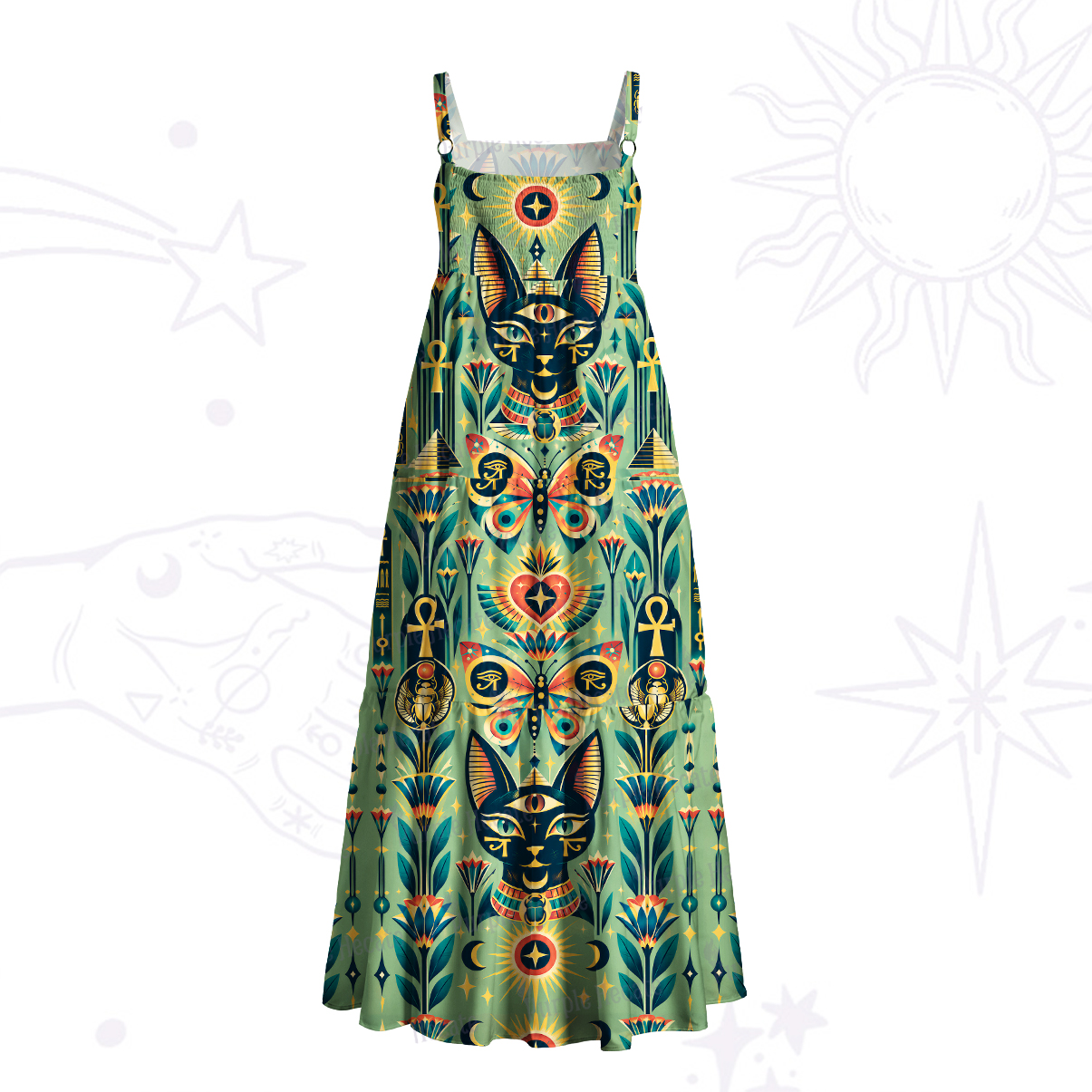 Purplehecate Mystic Egyptian Cat Totem Wide Straps Maxi Dress